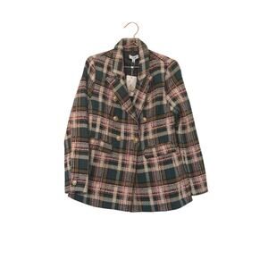 Fate double-breasted plaid jacket in shades of green, pink, black, and white